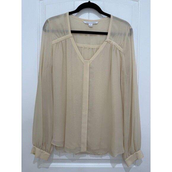 Diane Von Furstenberg Blouse Top Beige Nude Long Sleeve 100% Silk Sz 14 - Picture 1 of 9